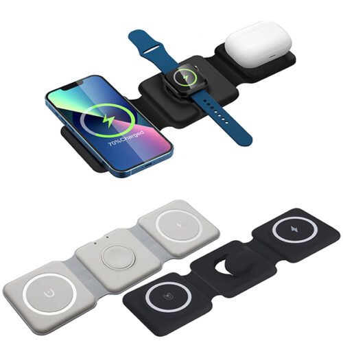 "קומבו" מטען אלחוטי מתקפל מהיר 3 ב-1 לנייד + שעון חכם + אוזניות