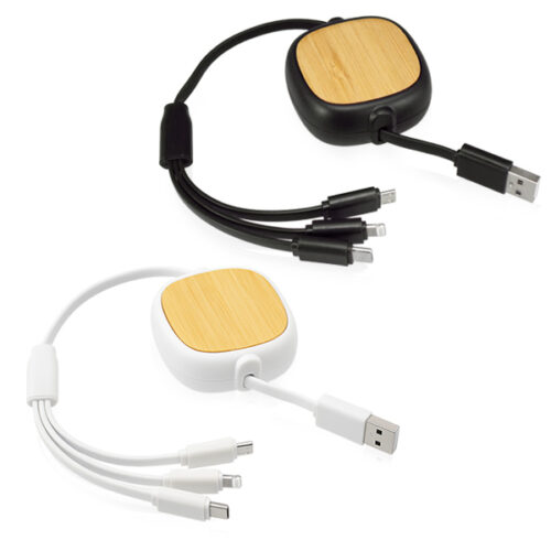  כבל טעינה תלת ראשי איכותי  נשלף ומתארך, עשוי במבוק ופלסטיק