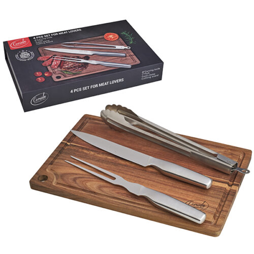 "Comida" סט 4 חלקים למטבח כולל סכין שף, קלשון בשר, מלקחיים ולוח חיתוך עץ איכותי ACACIA
