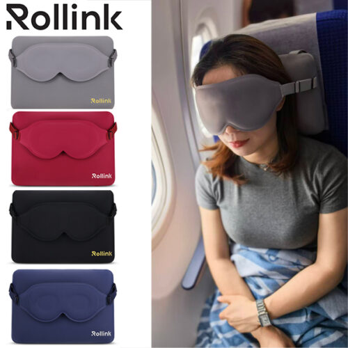 כרית ויסקו ארגונומית לנסיעות משולבת עם כיסוי לעיניים מבית המותג Rollink